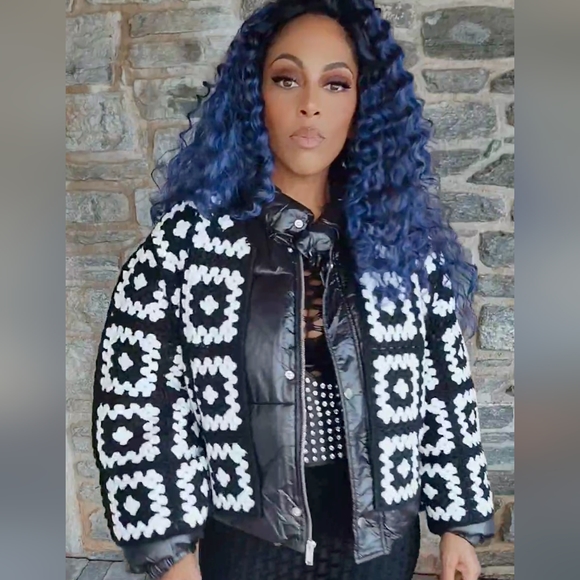 Miz Puffer Crochet: Detachable Contrast Knit Cardigan Vinyl Winter Coat L XL - Picture 13 of 17